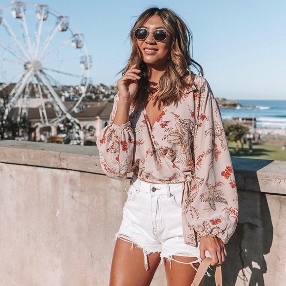 Tigerlily Tops - TIGERLILY Silk Mazari Long Sleeve Wrap Crop Top Blouse RRP$249